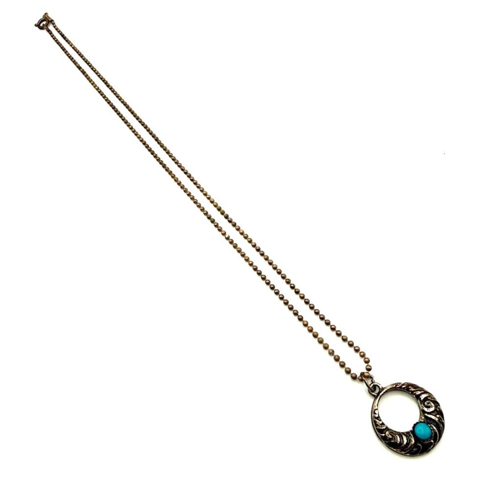 925 Sterling Silver Turquoise Native American Etched Ring Pendant Ball Chain 16" - Picture 2 of 9
